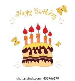 Happy Birthday card  in hand drawn style vector illustration template. Birthday cake with candle.