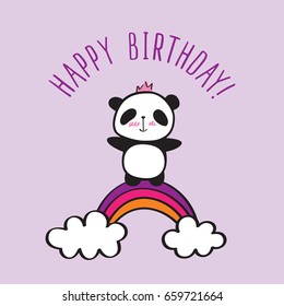 Happy Birthday card. Hand drawn panda with rainbow for your design. Doodles, sketch. Vector illustration.