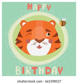 Happy Birthday Card with hand drawn text and funny tiger face