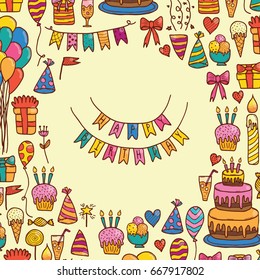 Happy birthday card with hand drawn doodle cake, balloons and party attributes.  Concept of happiness.