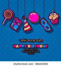 Happy Birthday card with hanging items, balloon, cake, hat, lollipop, masquerade and gift on dotted background. Vector