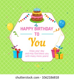 Happy Birthday Card. Hexagonal Frame with cake, balloon and gift box illustration.