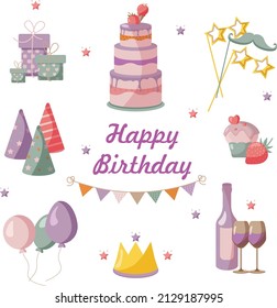 Happy birthday card, holiday elements, cake, balloons, gifts, decorations.
