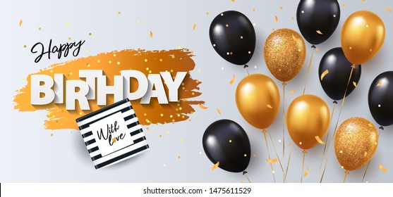 Happy Birthday card. Holiday illustration with gift box, black and gold balloons, confetti and texture of golden brush strokes on a white background. Birthday day poster design, social and fashion ads