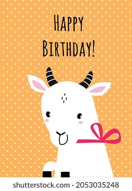 Happy Birthday Card with Horned Goat Farm Animal with Ribbon Bow on the Neck as Holiday Greeting and Congratulation Vector Illustration