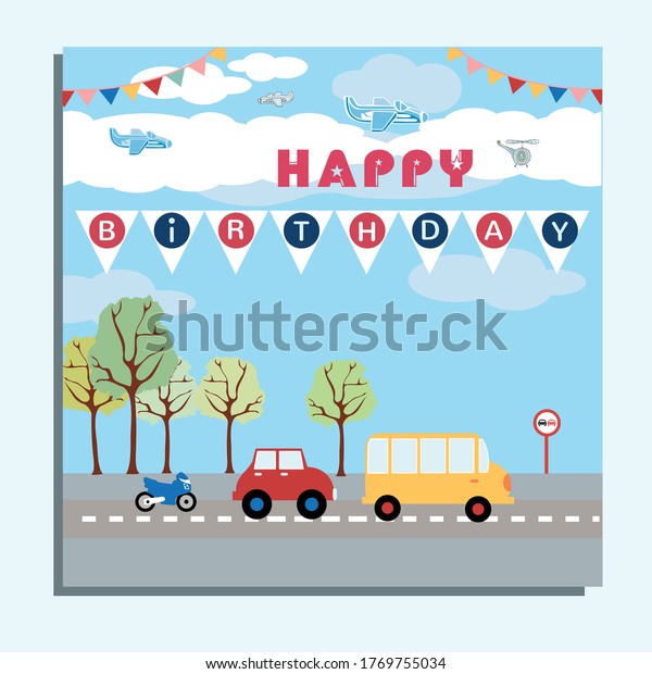 Happy\
birthday card illustration with a cartoon\
cars