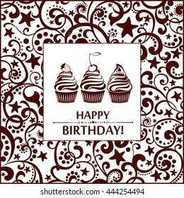 Happy birthday card. Illustration of cute cupcake. Vector Illustration