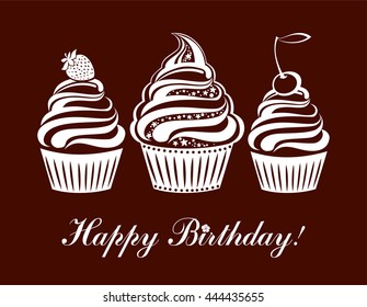 Happy birthday card. Illustration of cute cupcake. Vector Illustration