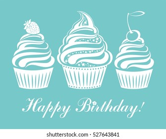 Happy birthday card. Illustration of cute cupcake. Vector Illustration