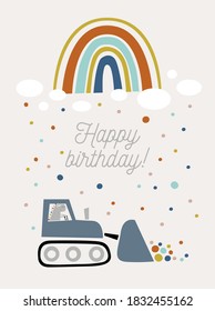 Happy birthday card. Illustration of the dinosaur driving on the bulldozer on the rainbow construction site