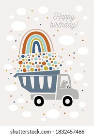 Happy birthday card. Illustration of the dinosaur driving on the truck on the rainbow construction site