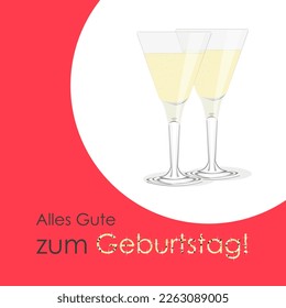 Happy birthday card with an inscription in German "Alles Gute zum Geburtstag!" with two glasses of champagne and sequins. Vector illustration