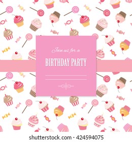 Happy Birthday Card Invitation Template. Seamless pattern with cupcakes and sweets included.