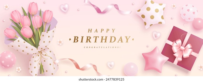 Happy birthday card, invitation or web banner with realistic 3d bouquet of tulips, helium balloons and gift box. Festive background. Vector illustration