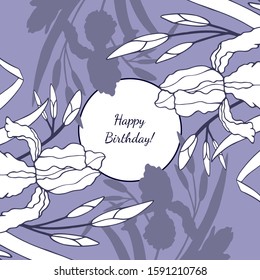 Happy Birthday - card.  iris flower with buds and leaves. eps10 vector illustration. hand drawing