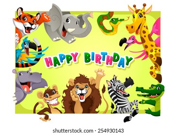 Happy Birthday card with Jungle animals. Cartoon vector illustration with frame in A4 proportions.