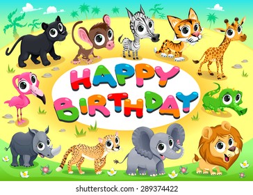 Happy Birthday card with Jungle animals. Cartoon vector illustration with frame in A4 proportions.