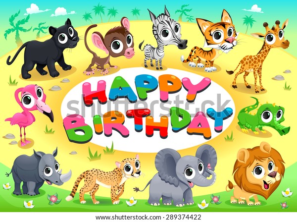 Download Happy Birthday Card Jungle Animals Cartoon Stock Vector ...