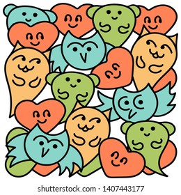 Happy birthday card. Kawaii cute illustration with super cute animals cat, owl,bear. Vector illustration.