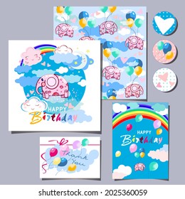 happy birthday card for kids with elephants flying on balloons
