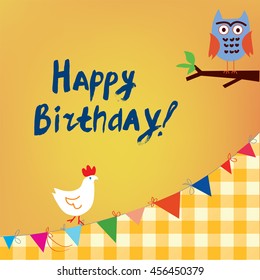 Happy birthday card for the kids with owl and chicken, funny vector illustration design.