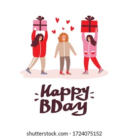 Happy birthday card with lettering. Holiday text and decorations. Vector element isolated on white.