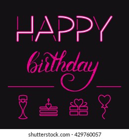 Happy birthday card. Lettering. Present icons.