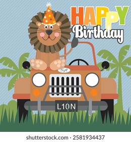 Happy birthday card with lion on the car