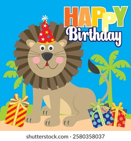 Happy birthday card with lion and presents