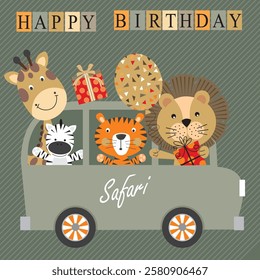 Happy birthday card with lion, tiger, zebra and giraffe in the bus