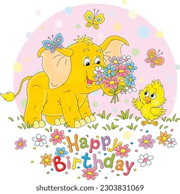 Happy birthday card with a little baby elephant giving a beautiful bouquet of colorful flowers to a happy small chick, vector cartoon illustration isolated on a white background