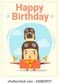 Happy birthday card with little boy and friend, vector, illustration