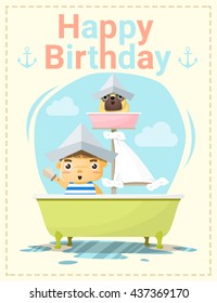 Happy birthday card with little boy and friend, vector, illustration