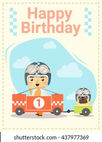 Happy birthday card with little boy and friend, vector, illustration