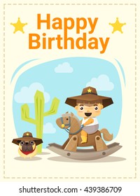 Happy birthday card with little boy and friend, vector, illustration