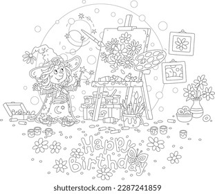 Happy birthday card with a little fairy waving her magic wand and drawing garden flowers on an easel with a flying paintbrush and paints from a palette, vector cartoon