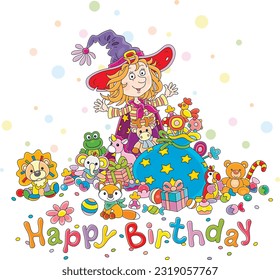 Happy birthday card with a Little Fairy and a bag of holiday gifts, sweets and funny toys for a merry and noisy holiday, vector cartoon illustration isolated on a white background