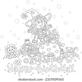 Happy birthday card with a Little Fairy and a bag of holiday gifts, sweets and funny toys for a merry and noisy holiday, black and white outline vector cartoon illustration