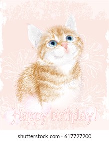 Happy birthday card with little kitten the red marble coloring.  Ginger fluffy kitten. Portrait oh the cat. 