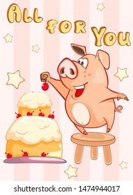 Happy Birthday Card Little Pig with Gift Pie . Vector Greeting Card. Happy Moment. Congratulation. 