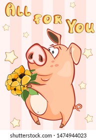 Happy Birthday Card Little Pig with Gift Flowers. Vector Greeting Card. Happy Moment. Congratulation. 