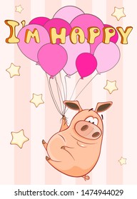 Happy Birthday Card Little Pig with  Balloons. Vector Greeting Card. Happy Moment. Congratulation. 