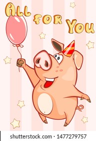 Happy Birthday Card Little Pig with with  Balloon. Vector Greeting Card. Happy Moment. Congratulation. 