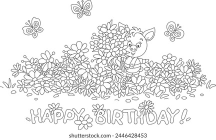 Happy birthday card with a little piglet with a beautiful bouquet of flowers and small butterflies merrily flying around a pretty flowerbed in a summer garden, black and white vector illustration