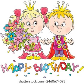 Happy birthday card with a little prince and princess with a colorful bouquet of beautiful summer flowers, vector cartoon illustration on a white background