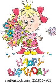 Cartão de aniversário feliz com uma pequena princesa segurando um buquê colorido de belas flores de verão, ilustração de desenho animado vetorial em um fundo branco