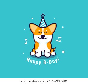 The Happy Birthday card. Logotype funny corgi for holidays. Emblem on blue background isolated.  Beautiful greeting picture in vector illustration