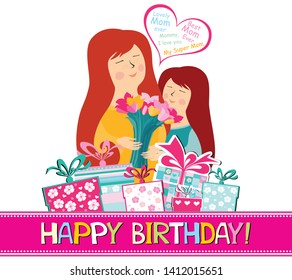 Happy birthday card. I Love You Mom! Celebration white background with Birthday gift boxes,  Beautiful mom face smiling with little daughter, bouquet of tulips and place for your text. vector 