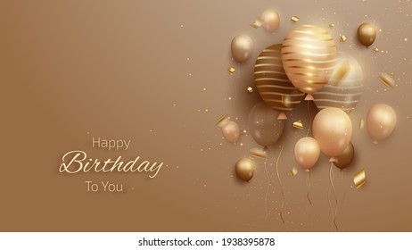 Happy birthday card with luxury balloons and ribbon. 3d realistic style. vector illustration for design.