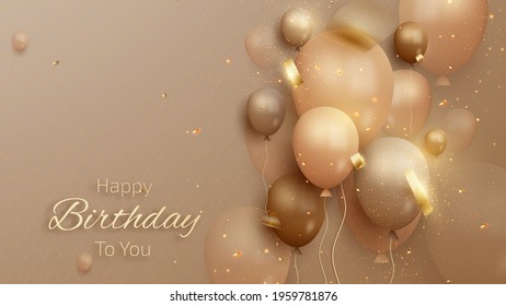 Happy birthday card with luxury balloons and ribbon. 3d realistic style. vector illustration for design.